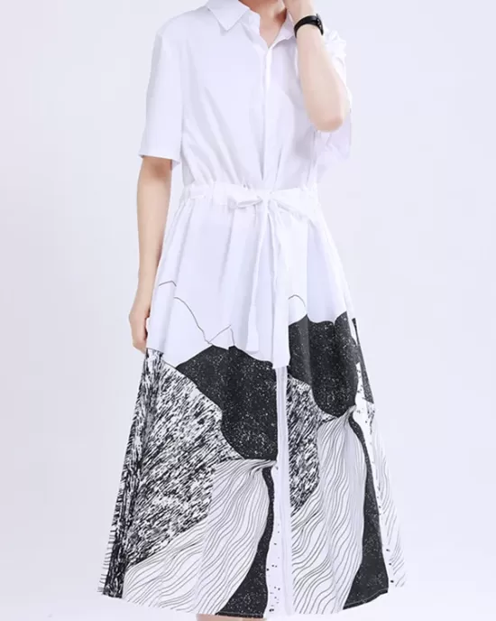 Contrast Color Drawstring Printed Tied Waist Loose Short Sleeves Lapel Shirt Dress Midi Dresses