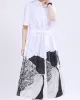 Contrast Color Drawstring Printed Tied Waist Loose Short Sleeves Lapel Shirt Dress Midi Dresses