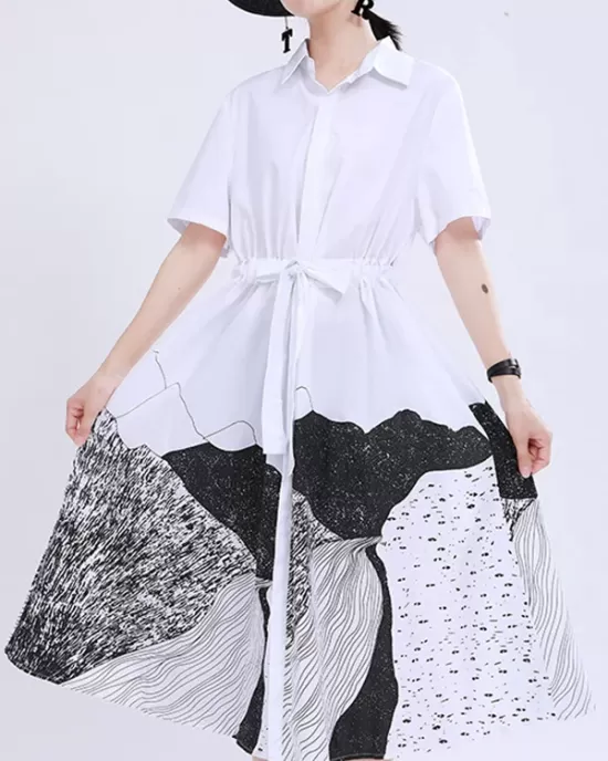 Contrast Color Drawstring Printed Tied Waist Loose Short Sleeves Lapel Shirt Dress Midi Dresses