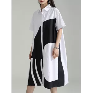 Asymmetric Contrast Color Split-Joint Loose Short Sleeves Lapel Shirt Dress Midi Dresses