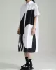 Asymmetric Contrast Color Split-Joint Loose Short Sleeves Lapel Shirt Dress Midi Dresses