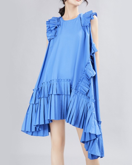 Asymmetric Pleated Solid Color Split-Joint Flying Sleeves Loose Round-Neck Midi Dresses