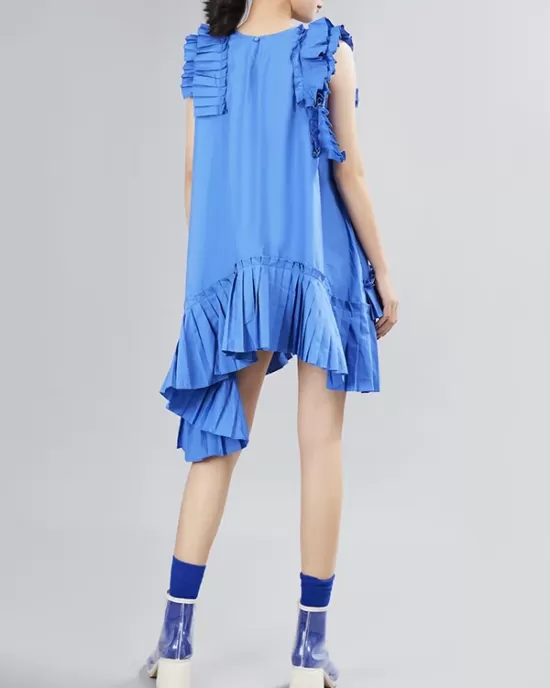 Asymmetric Pleated Solid Color Split-Joint Flying Sleeves Loose Round-Neck Midi Dresses