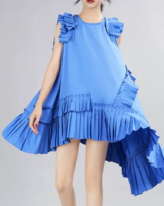 Asymmetric Pleated Solid Color Split-Joint Flying Sleeves Loose Round-Neck Midi Dresses