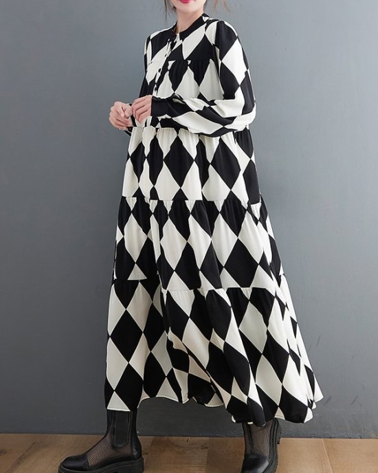 Buttoned Plaid A-Line Long Sleeves Polo Midi Dresses