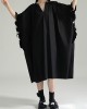 Drawstring Falbala Pleated Solid Color Batwing Sleeves Loose V-Neck Shirt Dress Midi Dresses