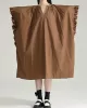 Drawstring Falbala Pleated Solid Color Batwing Sleeves Loose V-Neck Shirt Dress Midi Dresses