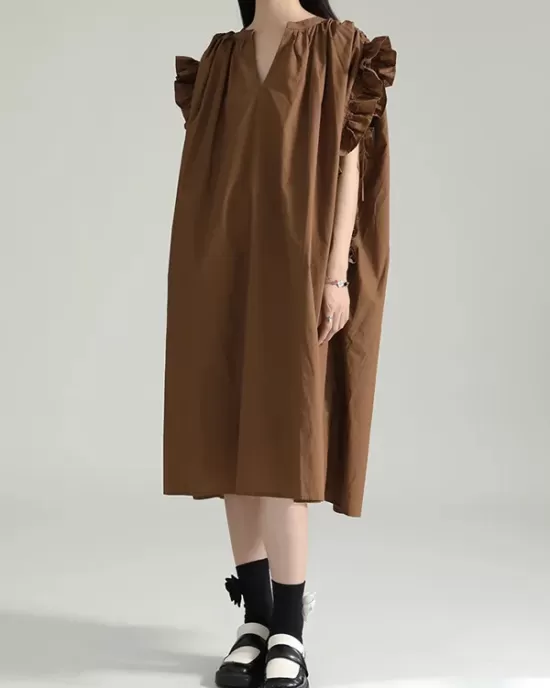 Drawstring Falbala Pleated Solid Color Batwing Sleeves Loose V-Neck Shirt Dress Midi Dresses