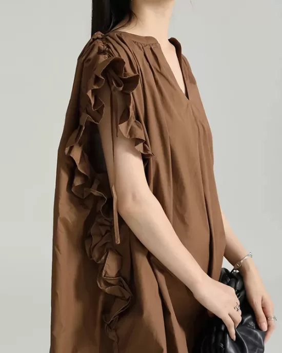 Drawstring Falbala Pleated Solid Color Batwing Sleeves Loose V-Neck Shirt Dress Midi Dresses