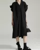 Drawstring Falbala Pleated Solid Color Batwing Sleeves Loose V-Neck Shirt Dress Midi Dresses