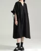 Drawstring Falbala Pleated Solid Color Batwing Sleeves Loose V-Neck Shirt Dress Midi Dresses