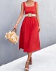 Pleated Solid Color Split-Joint High Waisted Sleeveless U-Neck Midi Dresses