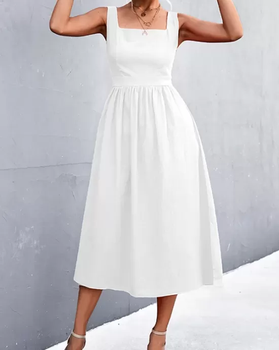 Pleated Solid Color Split-Joint High Waisted Sleeveless U-Neck Midi Dresses