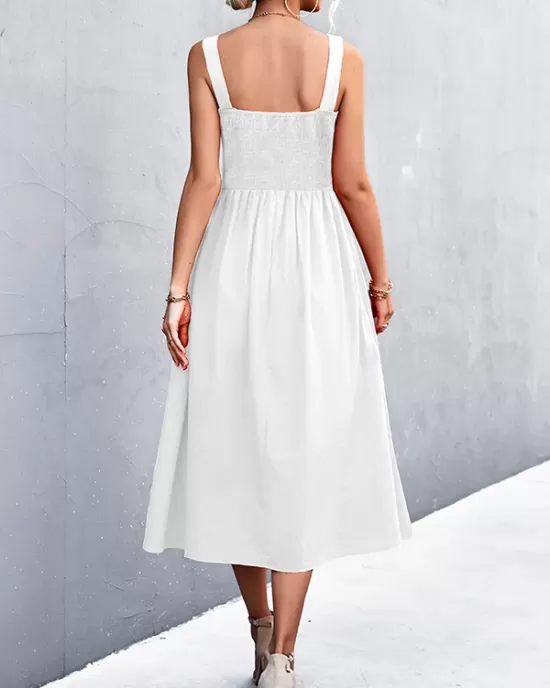 Pleated Solid Color Split-Joint High Waisted Sleeveless U-Neck Midi Dresses