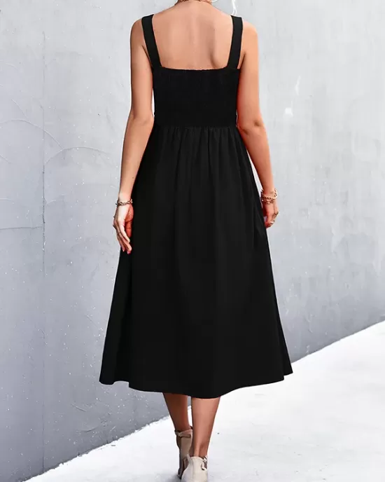 Pleated Solid Color Split-Joint High Waisted Sleeveless U-Neck Midi Dresses