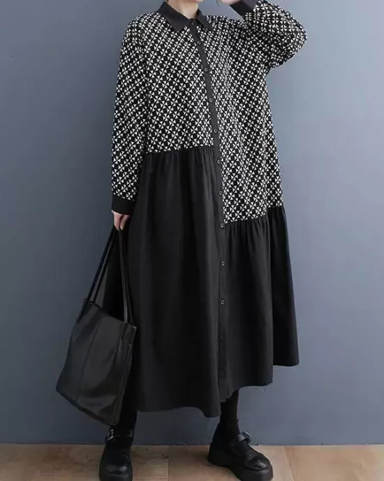 Asymmetric Buttoned Pleated Printed Split-Joint A-Line Long Sleeves Lapel Midi Dresses