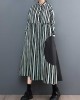 Buttoned Split-Joint Striped Long Sleeves Loose Mock Neck Midi Dresses