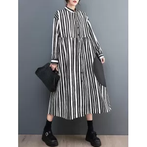 Buttoned Split-Joint Striped Long Sleeves Loose Mock Neck Midi Dresses