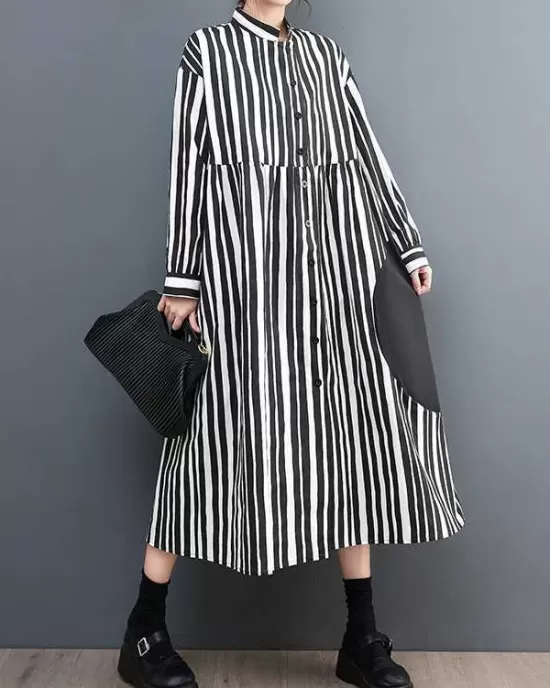 Buttoned Split-Joint Striped Long Sleeves Loose Mock Neck Midi Dresses