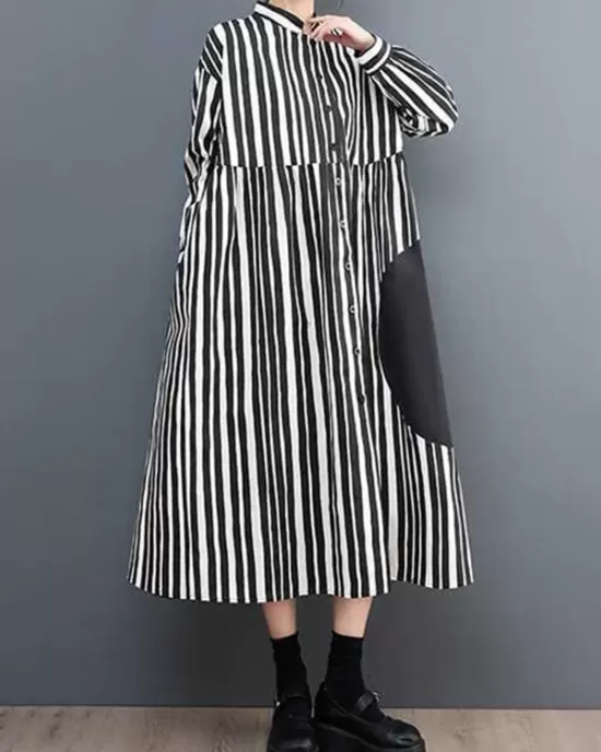 Buttoned Split-Joint Striped Long Sleeves Loose Mock Neck Midi Dresses