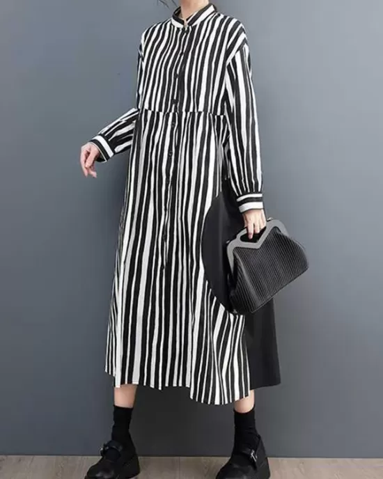 Buttoned Split-Joint Striped Long Sleeves Loose Mock Neck Midi Dresses