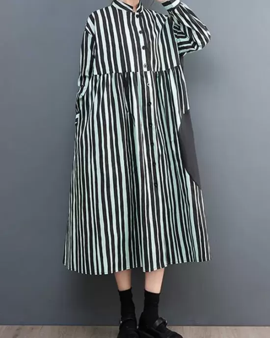 Buttoned Split-Joint Striped Long Sleeves Loose Mock Neck Midi Dresses