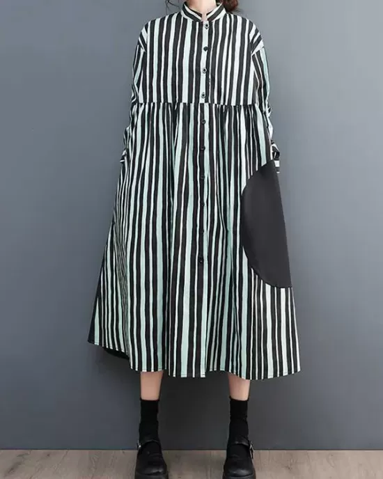 Buttoned Split-Joint Striped Long Sleeves Loose Mock Neck Midi Dresses