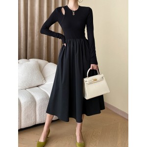 Elasticity Hollow Solid Color Split-Joint A-Line Long Sleeves Round-Neck Midi Dresses