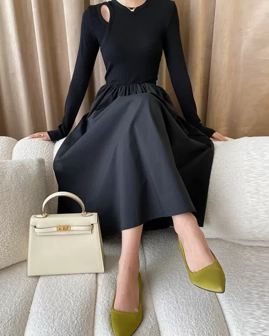 Elasticity Hollow Solid Color Split-Joint A-Line Long Sleeves Round-Neck Midi Dresses