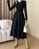 Elasticity Hollow Solid Color Split-Joint A-Line Long Sleeves Round-Neck Midi Dresses