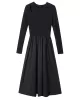 Elasticity Hollow Solid Color Split-Joint A-Line Long Sleeves Round-Neck Midi Dresses