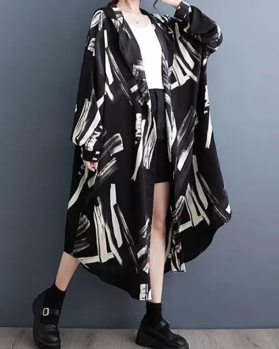 Buttoned Hooded Printed Long Sleeves Loose Outerwear Midi Dresses