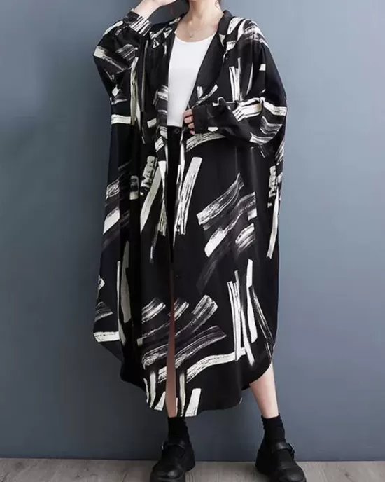 Buttoned Hooded Printed Long Sleeves Loose Outerwear Midi Dresses