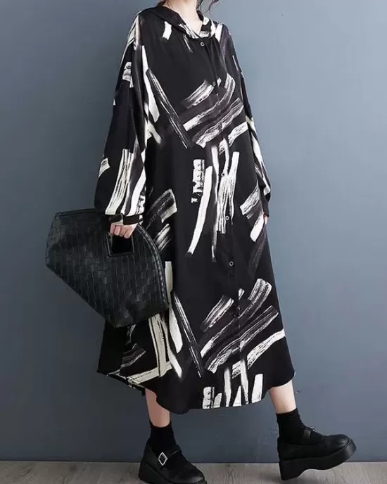 Buttoned Hooded Printed Long Sleeves Loose Outerwear Midi Dresses