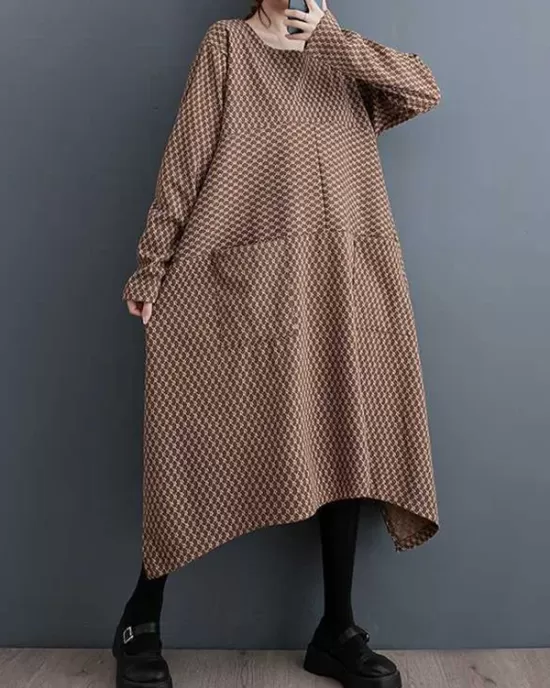 Pockets Printed Split-Joint Split-Side Long Sleeves Loose Round-Neck Midi Dresses