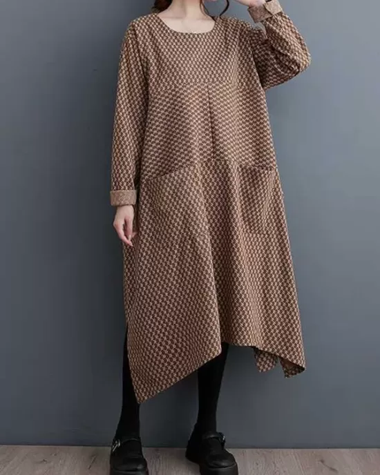 Pockets Printed Split-Joint Split-Side Long Sleeves Loose Round-Neck Midi Dresses