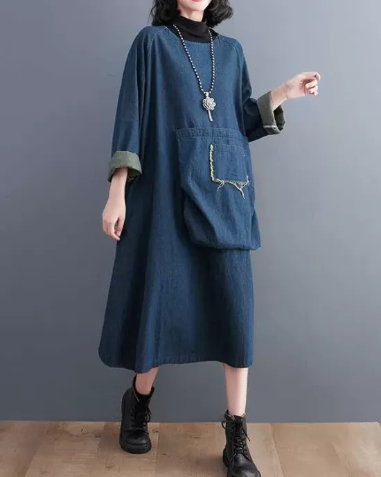 Fringed Pockets Split-Joint A-Line Long Sleeves Round-Neck Midi Dresses