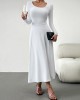 Solid Color Tied Waist A-Line High Waisted U-Neck Midi Dresses