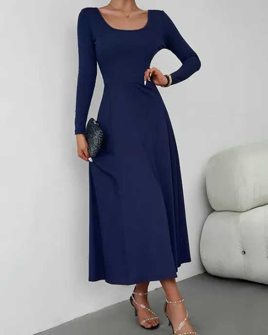 Solid Color Tied Waist A-Line High Waisted U-Neck Midi Dresses