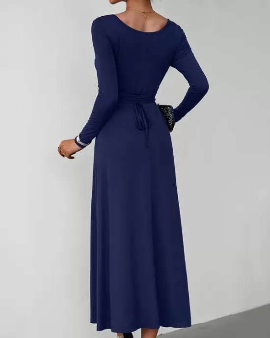 Solid Color Tied Waist A-Line High Waisted U-Neck Midi Dresses