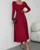 Solid Color Tied Waist A-Line High Waisted U-Neck Midi Dresses