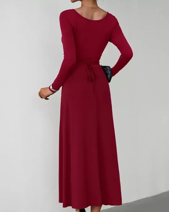 Solid Color Tied Waist A-Line High Waisted U-Neck Midi Dresses