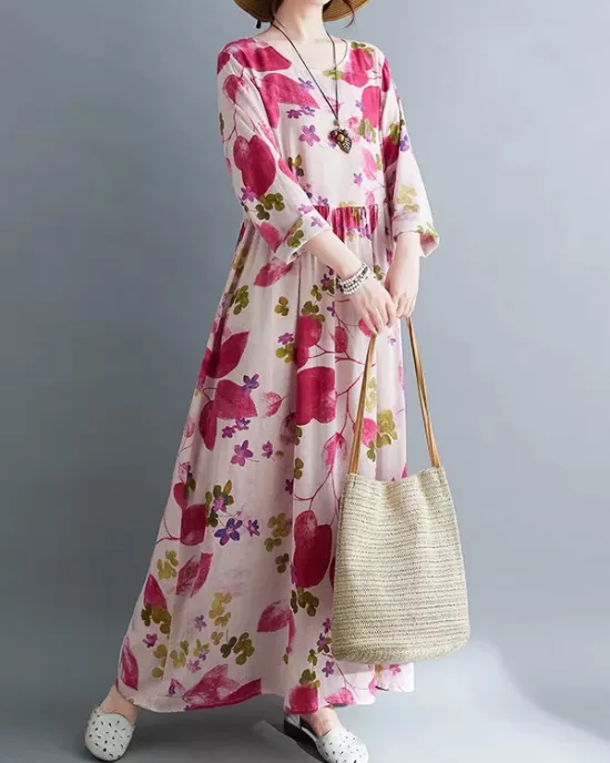 Flower Print Split-Joint Long Sleeves Loose Round-Neck Midi Dresses