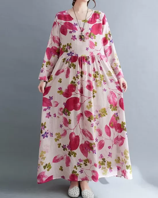 Flower Print Split-Joint Long Sleeves Loose Round-Neck Midi Dresses