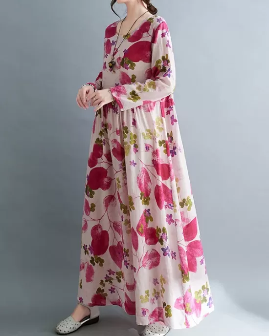 Flower Print Split-Joint Long Sleeves Loose Round-Neck Midi Dresses