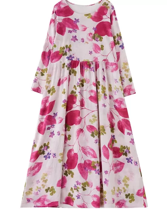 Flower Print Split-Joint Long Sleeves Loose Round-Neck Midi Dresses