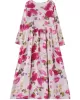 Flower Print Split-Joint Long Sleeves Loose Round-Neck Midi Dresses