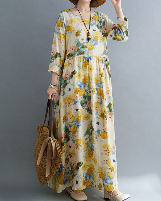 Flower Print Split-Joint Long Sleeves Loose Round-Neck Midi Dresses