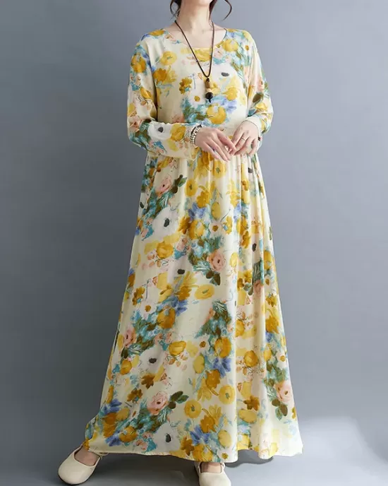 Flower Print Split-Joint Long Sleeves Loose Round-Neck Midi Dresses