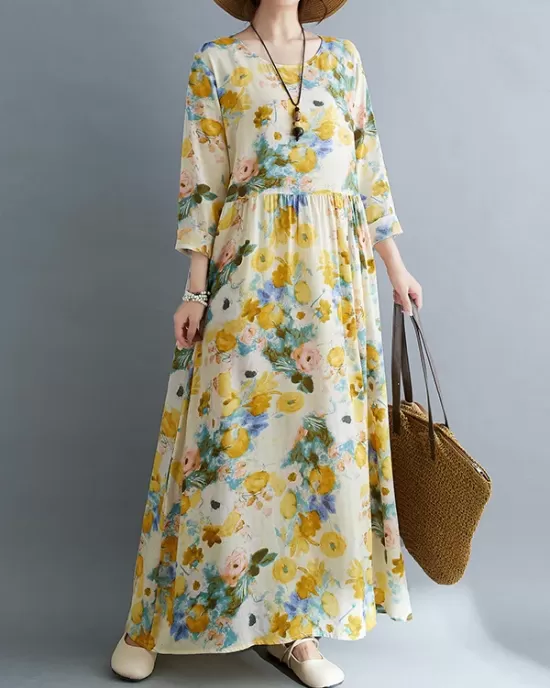 Flower Print Split-Joint Long Sleeves Loose Round-Neck Midi Dresses